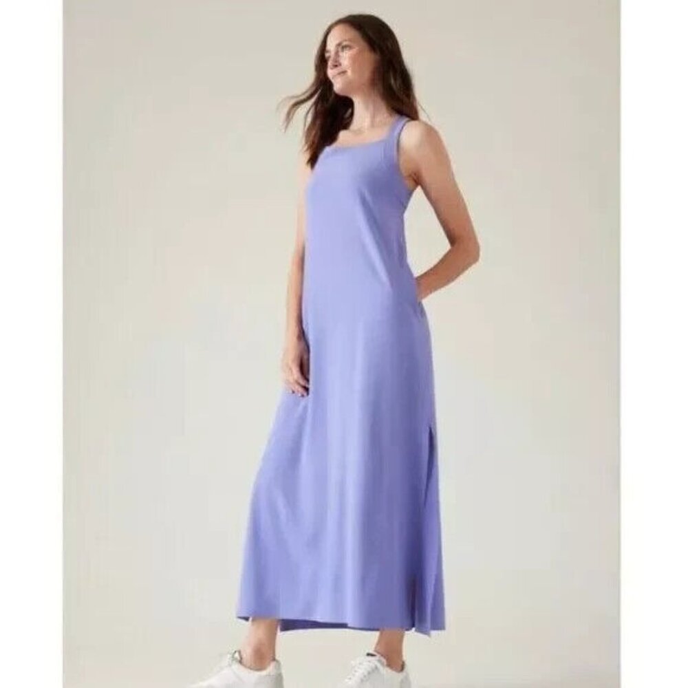 ATHLETA Arrival Dress Womens XL Purple Maxi Slit Sleeveless Pockets Athleisure
